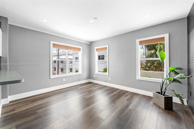 unfurnished room featuring dark hardwood / wood-style floors and a healthy amount of sunlight