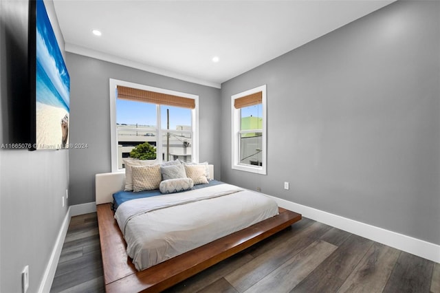 bedroom with dark hardwood / wood-style floors