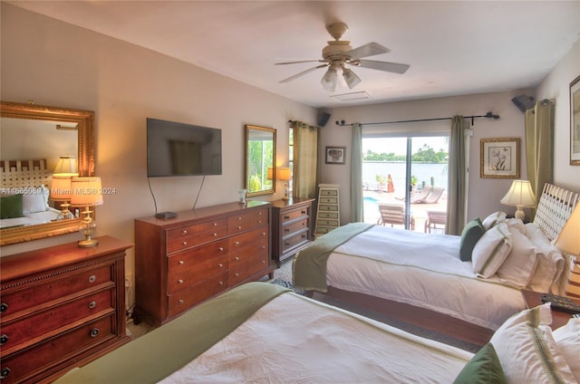 bedroom featuring access to outside and ceiling fan