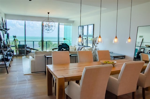 dining space with a water view, light hardwood / wood-style floors, and a chandelier