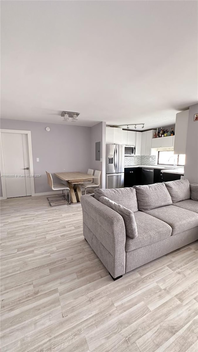 living room with light hardwood / wood-style flooring and electric panel