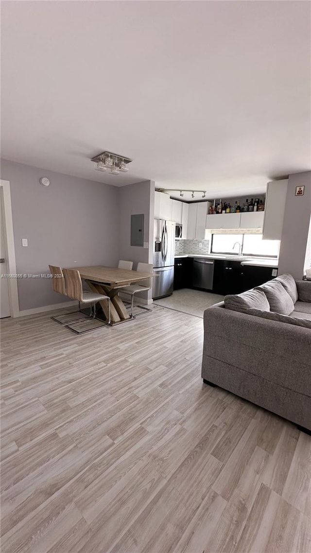 living room featuring electric panel and light hardwood / wood-style floors