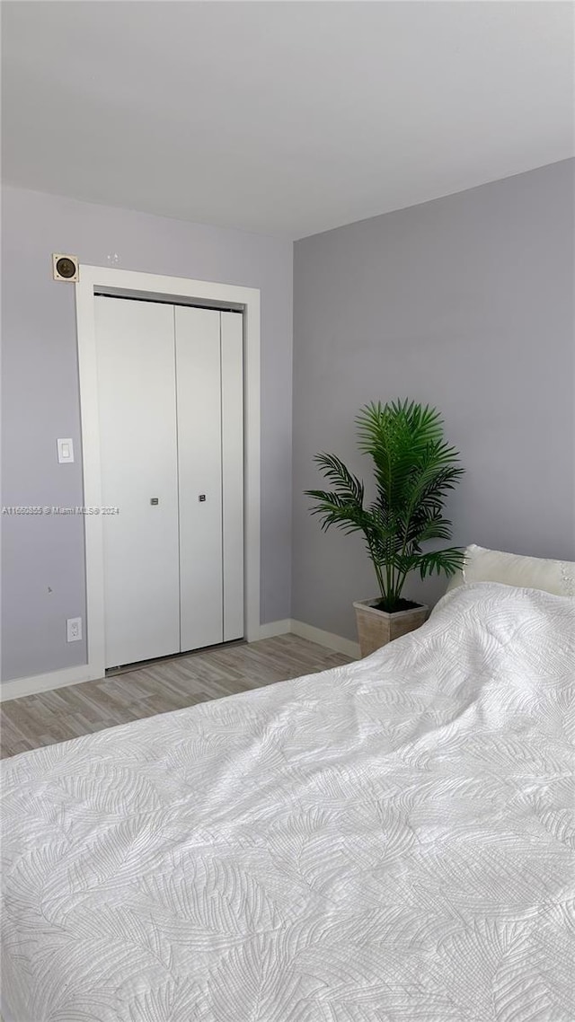 unfurnished bedroom featuring light wood-type flooring and a closet