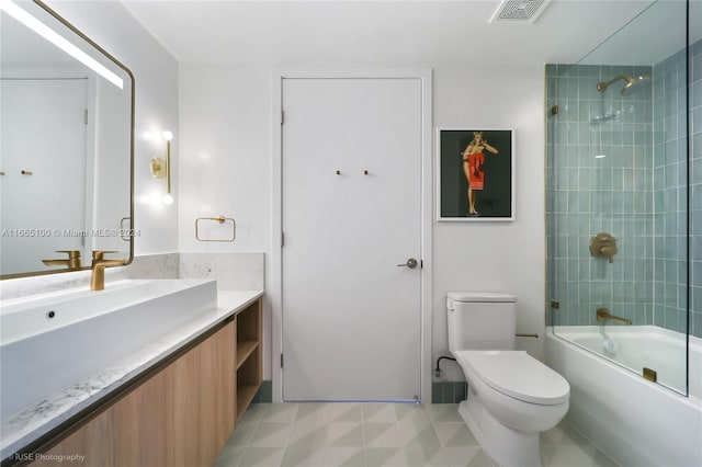 bathroom featuring vanity, toilet, shower / tub combination, and visible vents