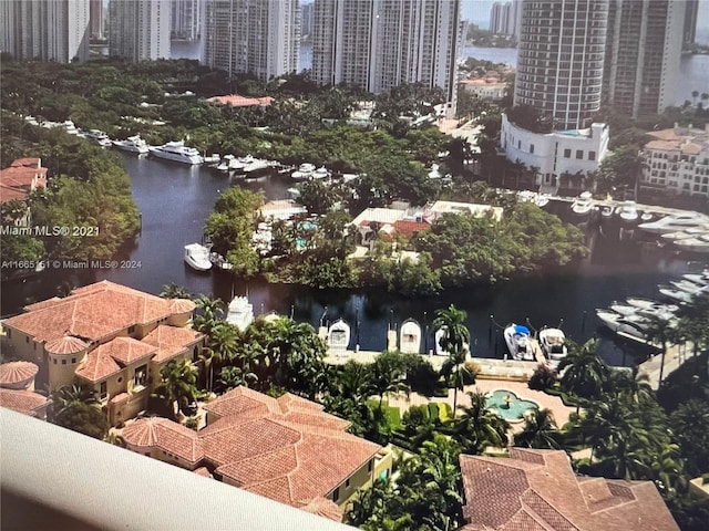 drone / aerial view with a water view