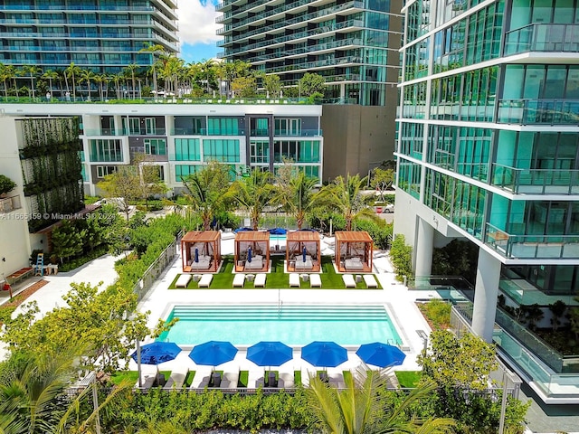 view of pool featuring a patio