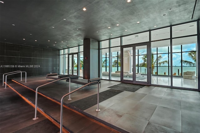 community lobby with a water view