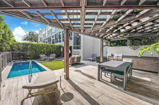 wooden terrace featuring a pergola, area for grilling, an outdoor living space, and a fenced in pool