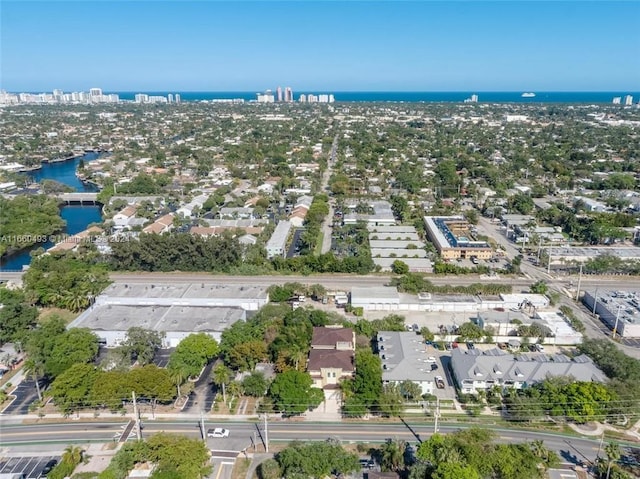 bird's eye view with a water view