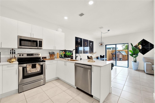 kitchen featuring white cabinets, sink, stainless steel appliances, and kitchen peninsula