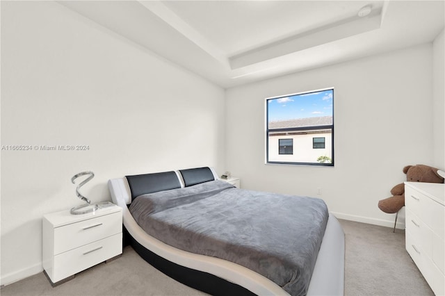 carpeted bedroom with a raised ceiling