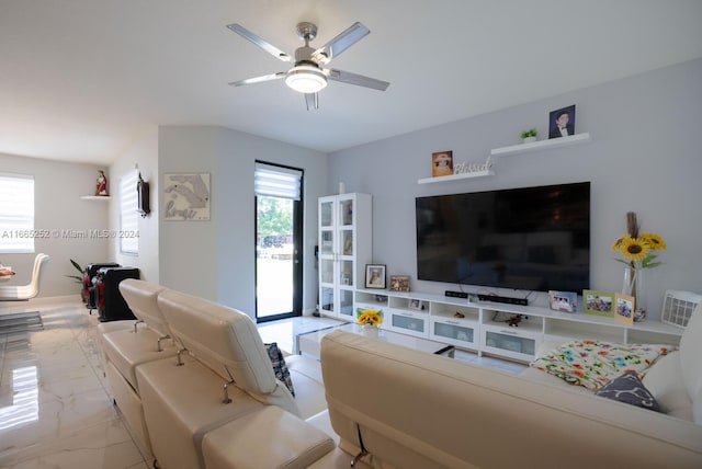 living room with ceiling fan