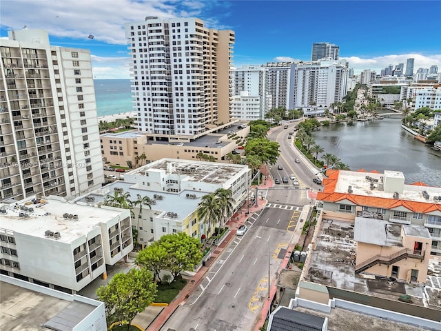 drone / aerial view with a water view