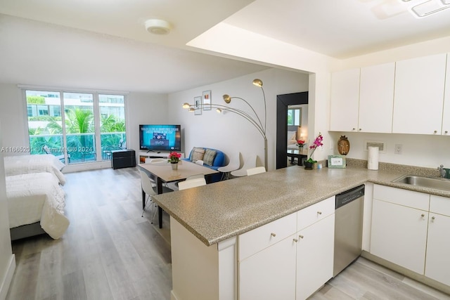 kitchen featuring kitchen peninsula, sink, stainless steel dishwasher, and white cabinets