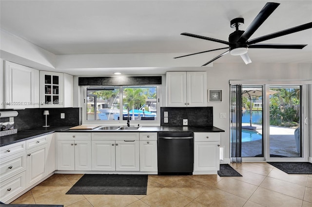 kitchen with ceiling fan, sink, white cabinetry, dishwasher, and decorative backsplash