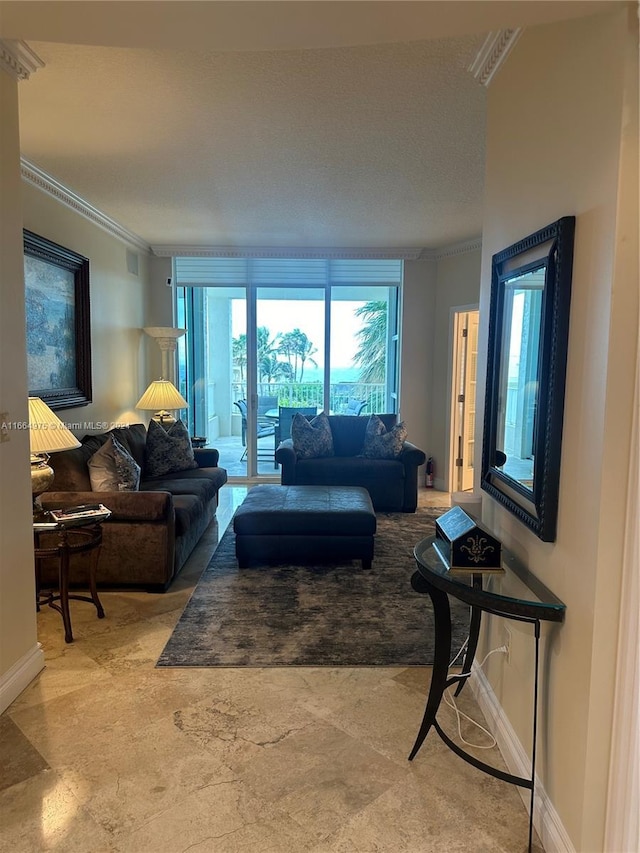 living room with crown molding and a textured ceiling