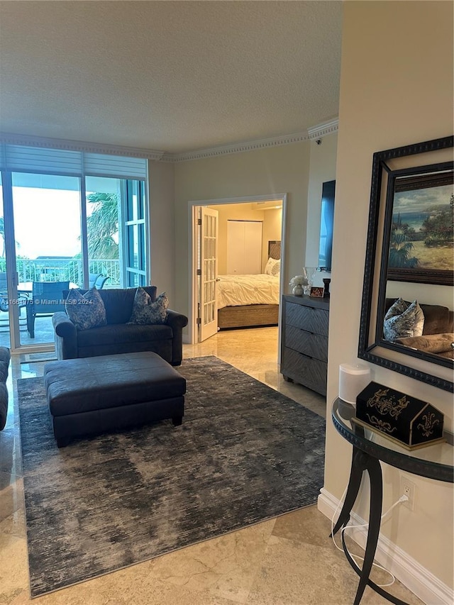 living room with a textured ceiling