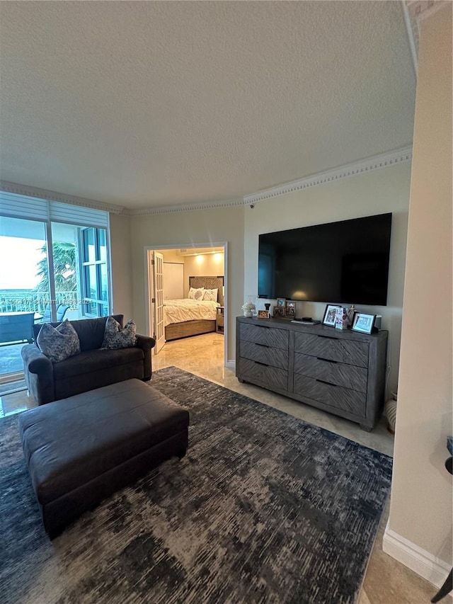 living room with a textured ceiling