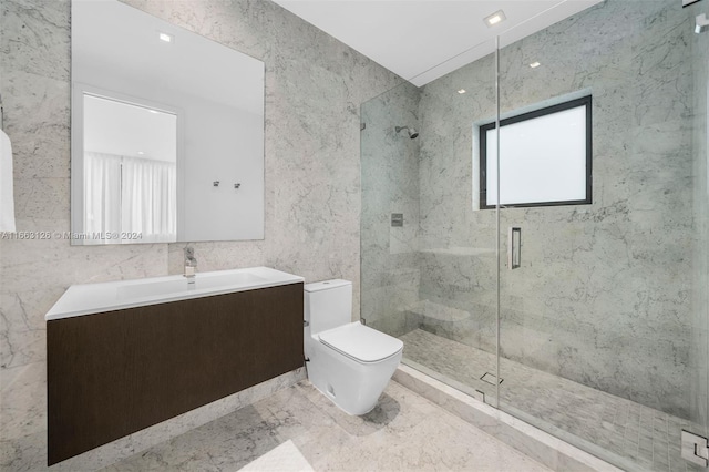 5327 N Bay Rd, Miami Beach, FL 33140 - bathroom with toilet, a marble finish shower, marble finish floors, vanity, and tile walls
