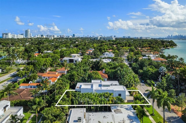 5327 N Bay Rd, Miami Beach, FL 33140 - aerial view of property's location featuring city skyline and property parcel outlined