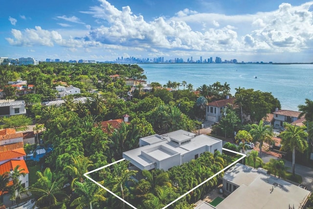 5327 N Bay Rd, Miami Beach, FL 33140 - aerial view of property's location with skyline, a nearby body of water, and property boundaries highlighted