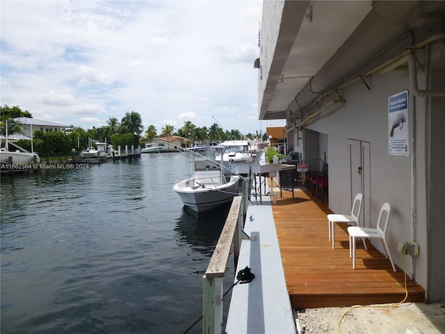 view of dock with a water view