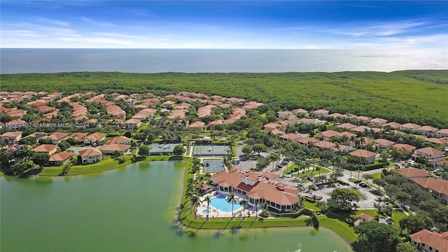 bird's eye view with a water view