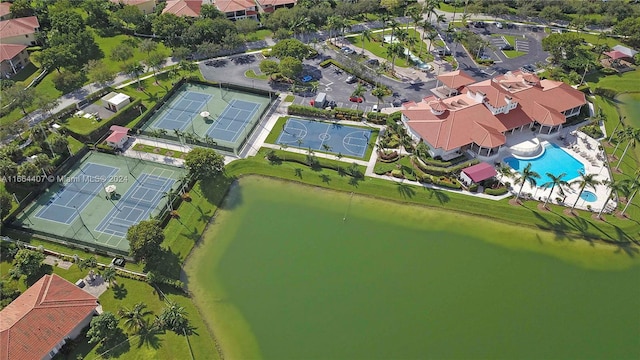 drone / aerial view with a water view