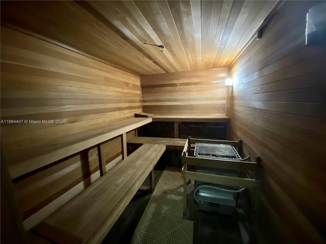 view of sauna / steam room with wood walls and wooden ceiling