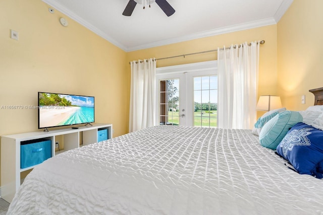 bedroom with ceiling fan, access to exterior, and crown molding