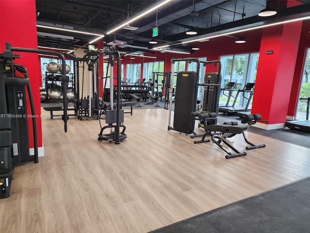 workout area with light hardwood / wood-style floors