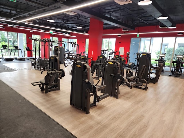 gym with hardwood / wood-style floors, a towering ceiling, and a wealth of natural light