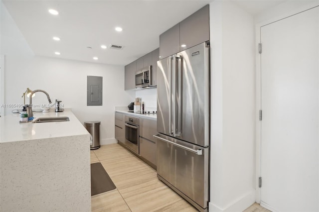 kitchen featuring electric panel, sink, gray cabinetry, appliances with stainless steel finishes, and light wood-type flooring