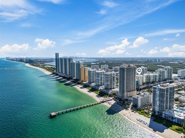 aerial view featuring a water view and a view of the beach