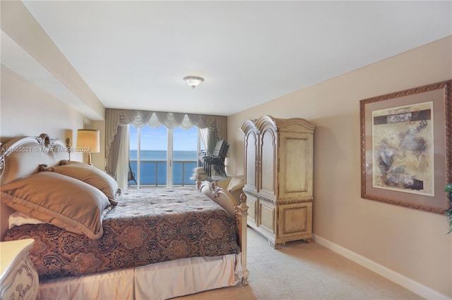 carpeted bedroom with a water view