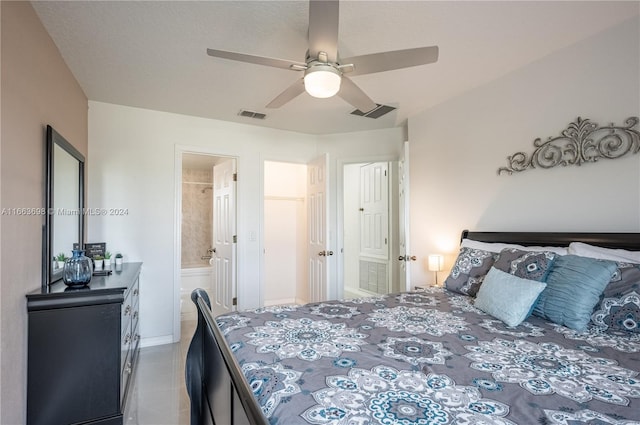 bedroom with connected bathroom and ceiling fan