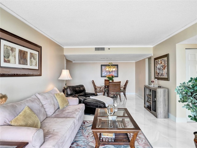 living room featuring a textured ceiling and crown molding