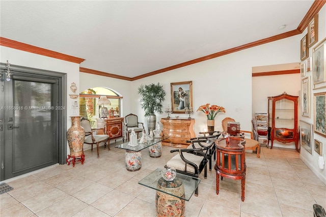 tiled living room with crown molding