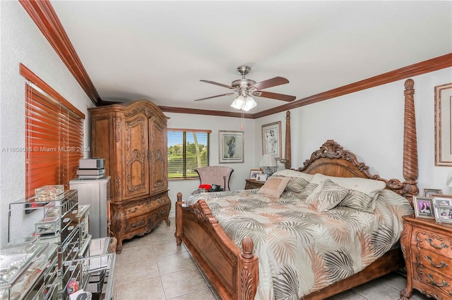 bedroom featuring ornamental molding, ceiling fan, and light tile patterned floors