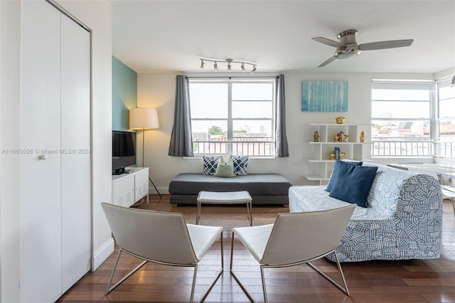 living room featuring a healthy amount of sunlight, dark hardwood / wood-style floors, and ceiling fan