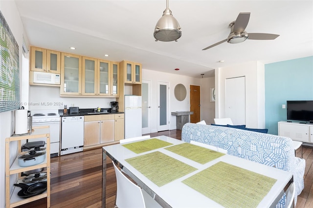 kitchen featuring ceiling fan, sink, dark wood-type flooring, and white appliances