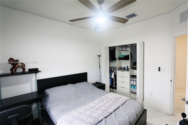 bedroom featuring ceiling fan and a closet