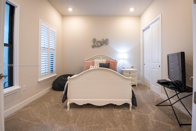 carpeted bedroom featuring a closet