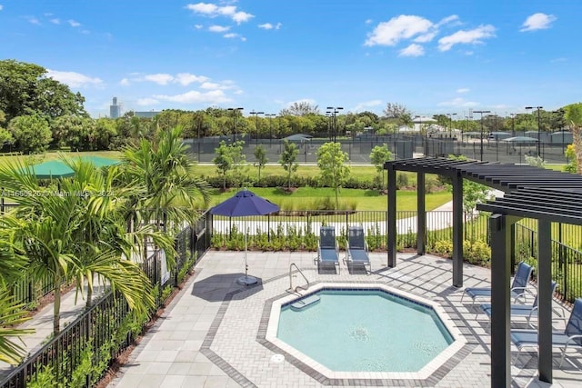 view of swimming pool with a patio and a pergola