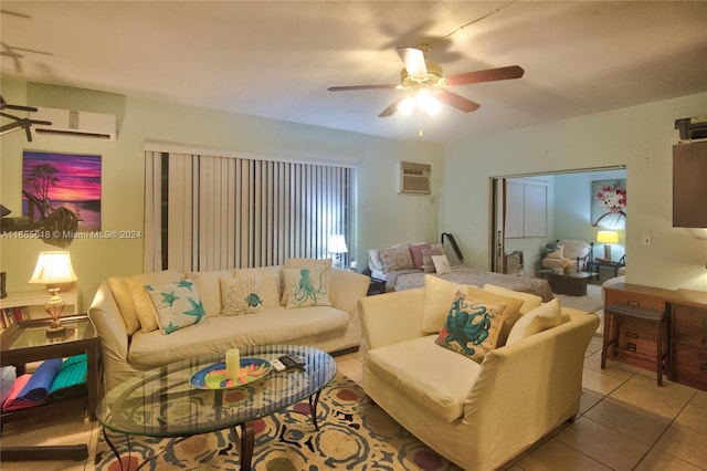 living room with light tile patterned flooring, a wall mounted AC, and ceiling fan