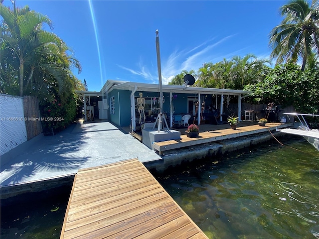 view of dock with a deck with water view