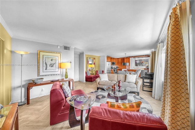 living room with light parquet floors