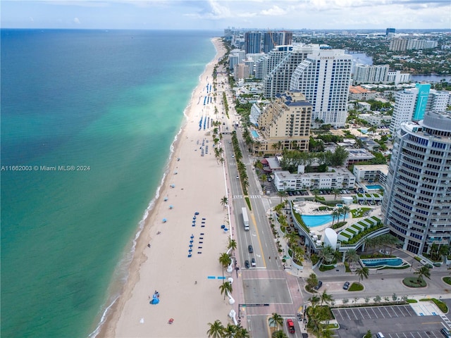 bird's eye view with a view of the beach and a water view