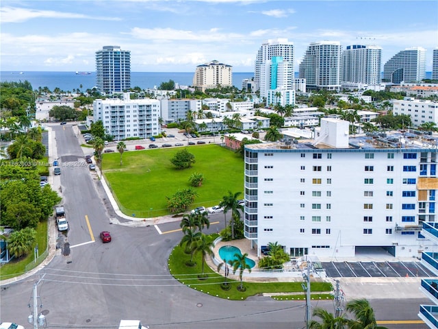 drone / aerial view with a water view