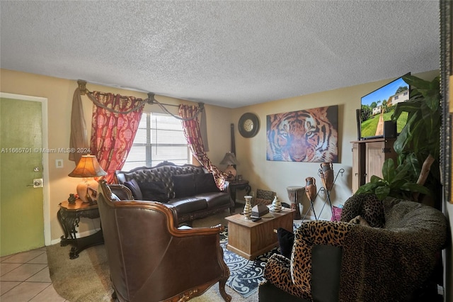 tiled living room with a textured ceiling